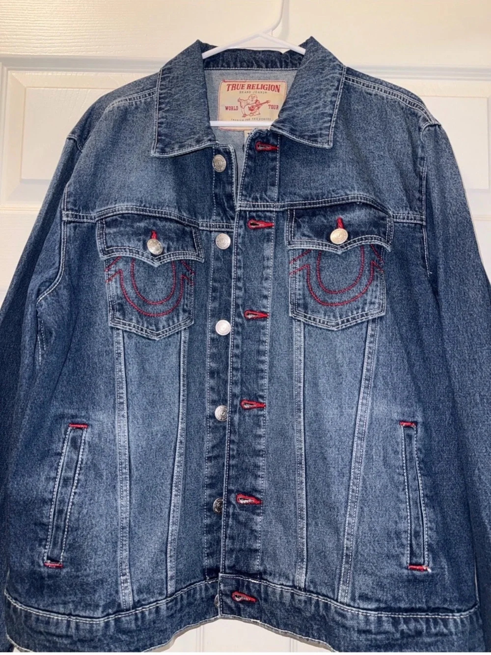 True Religion Blue Denim Jacket with Red Lettering - Picture 8 of 8